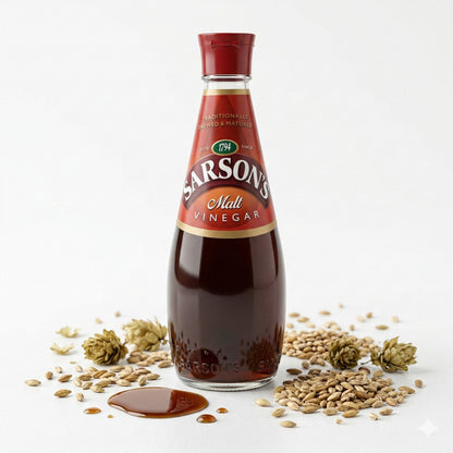 Sarson Original-Maltessig in 250ml Flasche, ideal zum Kochen, mit goldenem, klaren Essig in einer Küche.