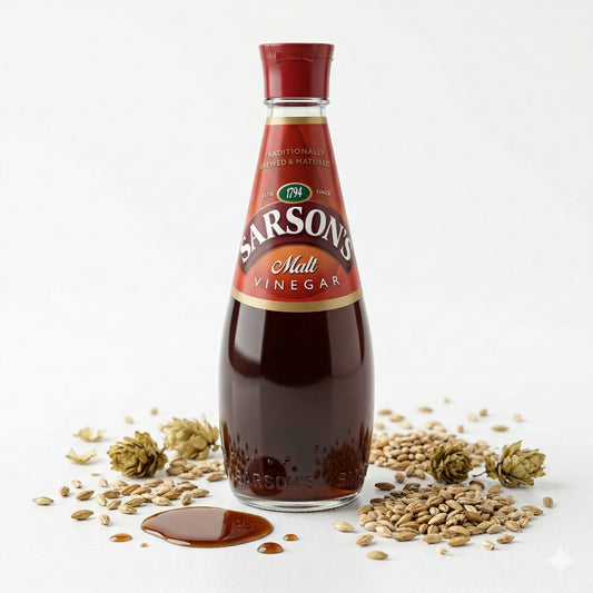 Sarson Original-Maltessig in 250ml Flasche, ideal zum Kochen, mit goldenem, klaren Essig in einer Küche.