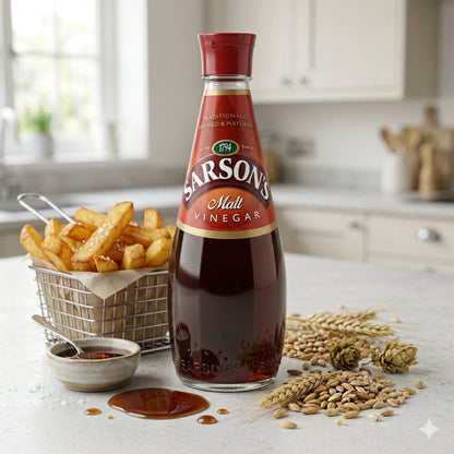 Sarson Original-Maltessig in einer 250ml Flasche, ideal zum Kochen, mit goldener Farbe und klarer Flüssigkeit.