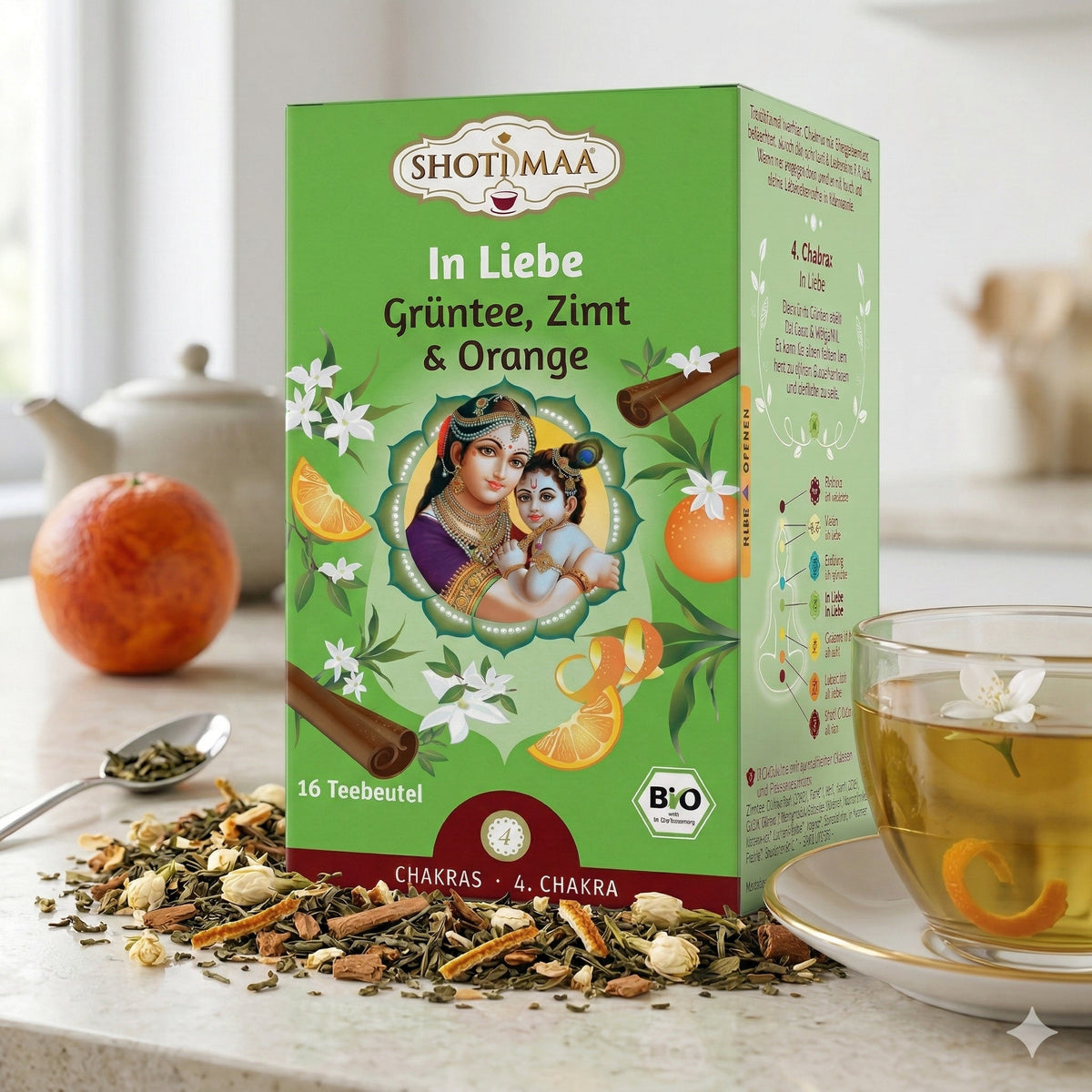 Bio Ayurveda-Tee von Shoti Maa mit grünem Tee, Zimt und Orange, in einer dekorativen Verpackung, 28,8g.