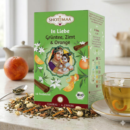 Bio Ayurveda-Tee von Shoti Maa mit grünem Tee, Zimt und Orange, in einer dekorativen Verpackung, 28,8g.