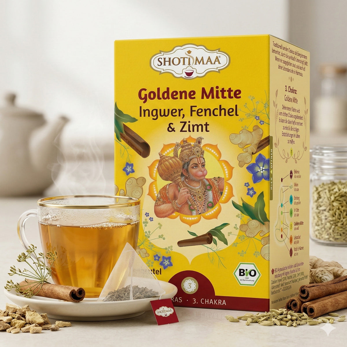 Bio Ayurveda-Tee Shoti Maa Goldene Mitte mit Ingwer, Fenchel und Zimt in 32g Packung, Kräuter- und Tee-Produkt
