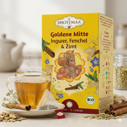 Bio Ayurveda-Tee Shoti Maa Goldene Mitte mit Ingwer, Fenchel und Zimt in 32g Packung, Kräuter- und Tee-Produkt