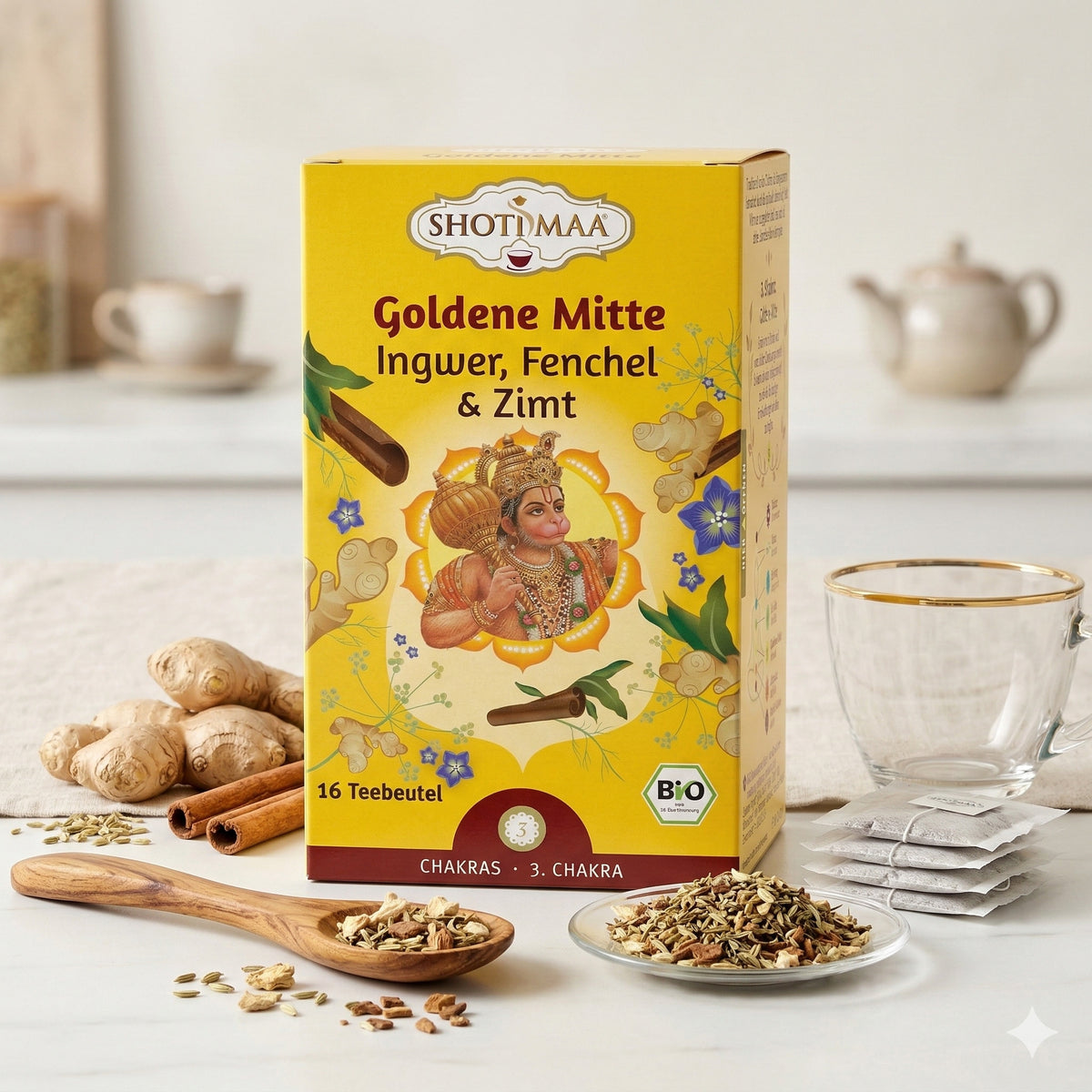 Bio Ayurveda-Tee von Shoti Maa, Goldene Mitte mit Ingwer, Fenchel und Zimt, in einer 32g Packung, Kräuter- und Tee-Produkt