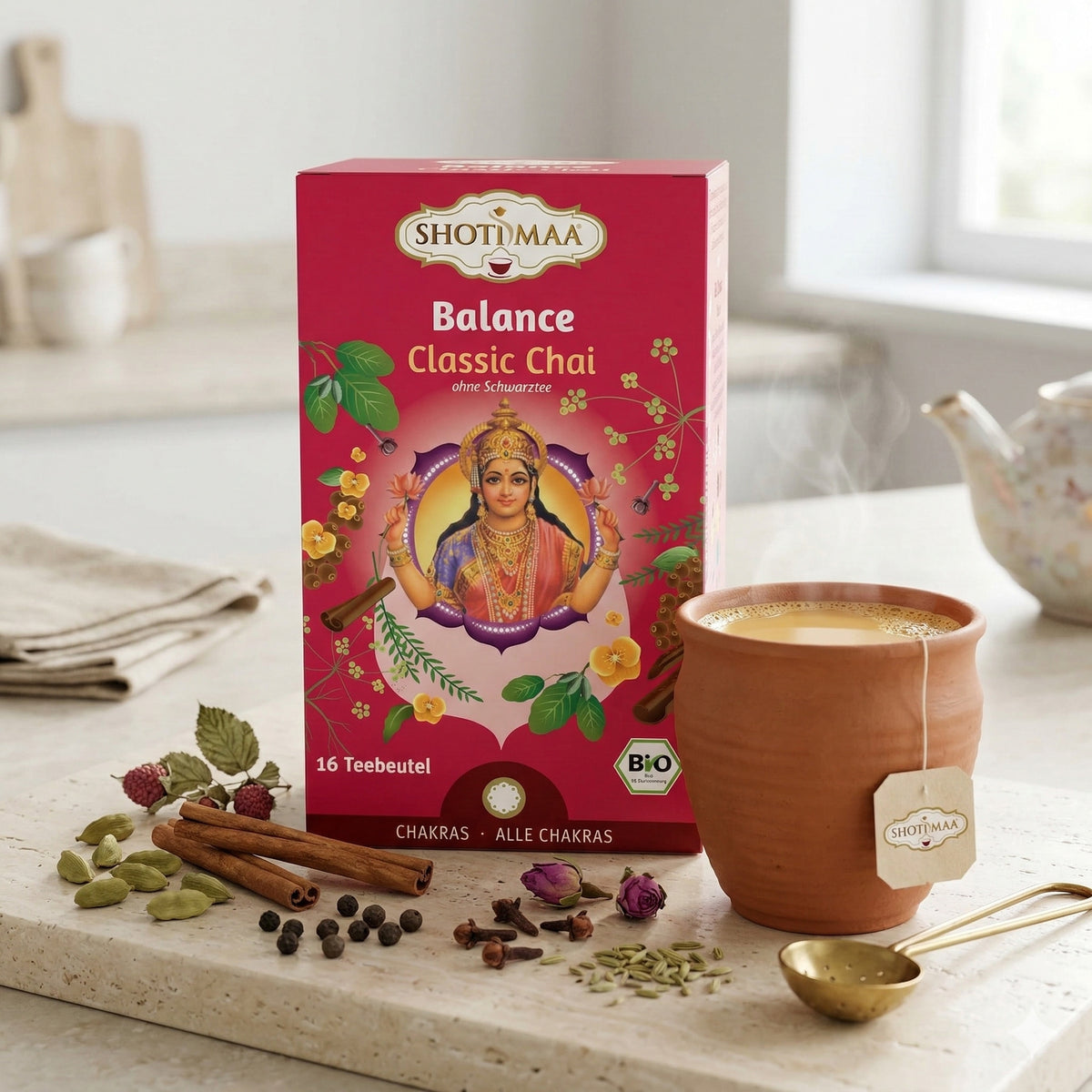 Bio Ayurveda-Tee von Shoti Maa, klassischer Chai in Teebeutel, mit Kräutern für Balance, ab 32g.