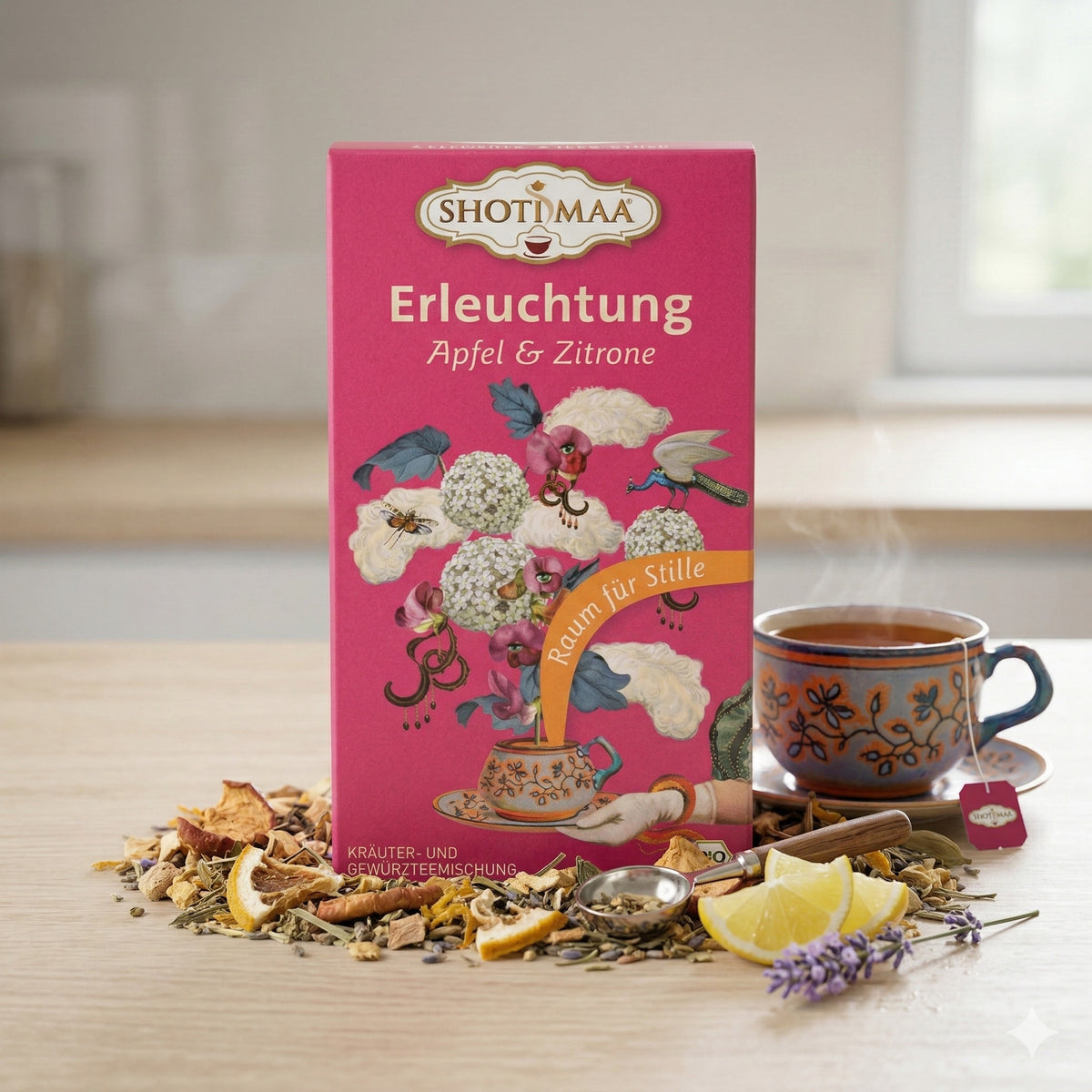 Bio Kräutertee von Shoti Maa mit Apfel, Zitrone und Erleuchtungs-Aromen in einer Packung mit 16 Beuteln.