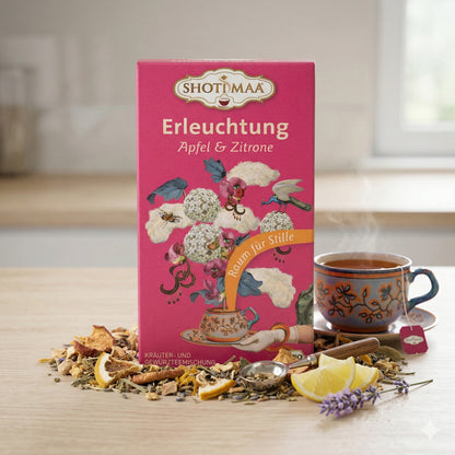 Bio Kräutertee von Shoti Maa mit Apfel, Zitrone und Erleuchtungs-Aromen in einer Packung mit 16 Beuteln.