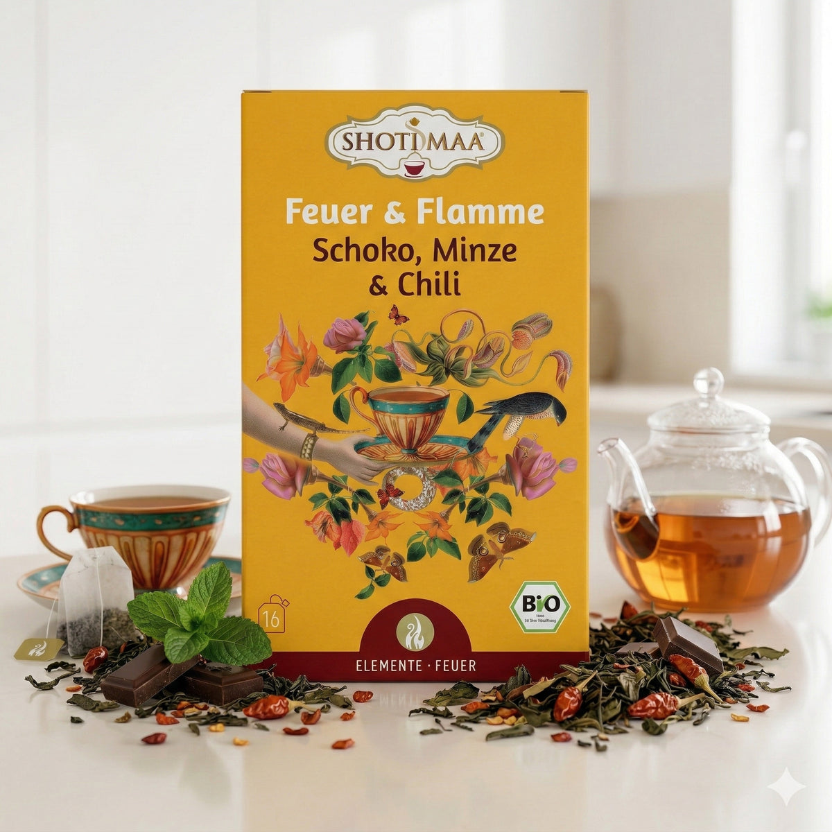 Bio Ayurveda-Tee von Shoti Maa mit Schokolade, Minze und Chili, Kräutertee gegen Feuer und Flamme, 32g Packung