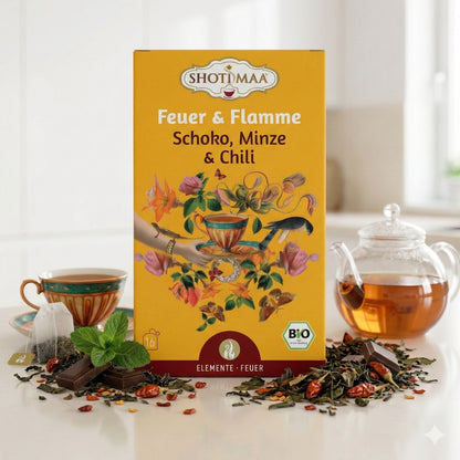 Bio Ayurveda-Tee von Shoti Maa mit Schokolade, Minze und Chili, Kräutertee gegen Feuer und Flamme, 32g Packung