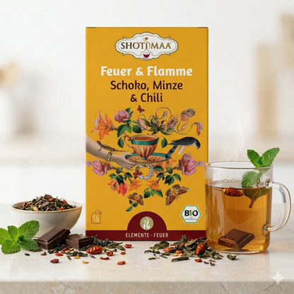 Bio Ayurveda-Tee von Shoti Maa Feuer & Flamme mit Schokolade, Minze und Chili, Kräutertee in 32g Verpackung