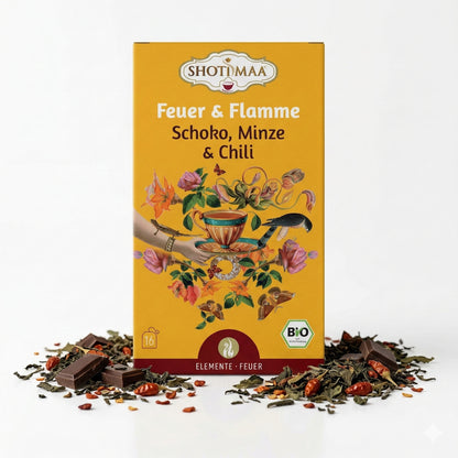 Bio Ayurveda-Tee von Shoti Maa Feuer & Flamme mit Schoko, Minze und Chili, Kräuter- und Teemischung in 32g Packung