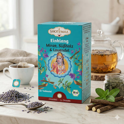 Bio Ayurveda Kräutertee von Shoti Maa mit Minze, Süßholz und Lavendel, entspannender Tee in einer Tüte, 32g.
