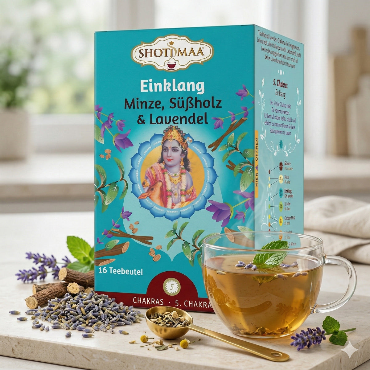 Bio Ayurveda Kräutertee von Shoti Maa mit Minze, Süßholz und Lavendel, in einer Tüte ab 32g, entspannender Kräutertee.