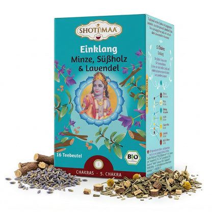 Bio Ayurveda Kräutertee von Shoti Maa mit Minze, Süßholz und Lavendel, visuell dargestellte Teemischung in 32g Packung