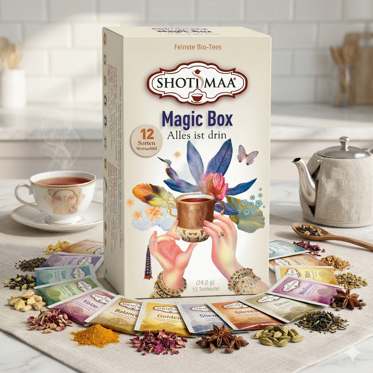 Bio Kräuter- und Teemischung von Shoti Maa Hari Tea in einer magischen Box, abgebildet in einer Gemini-generierten Illustration.