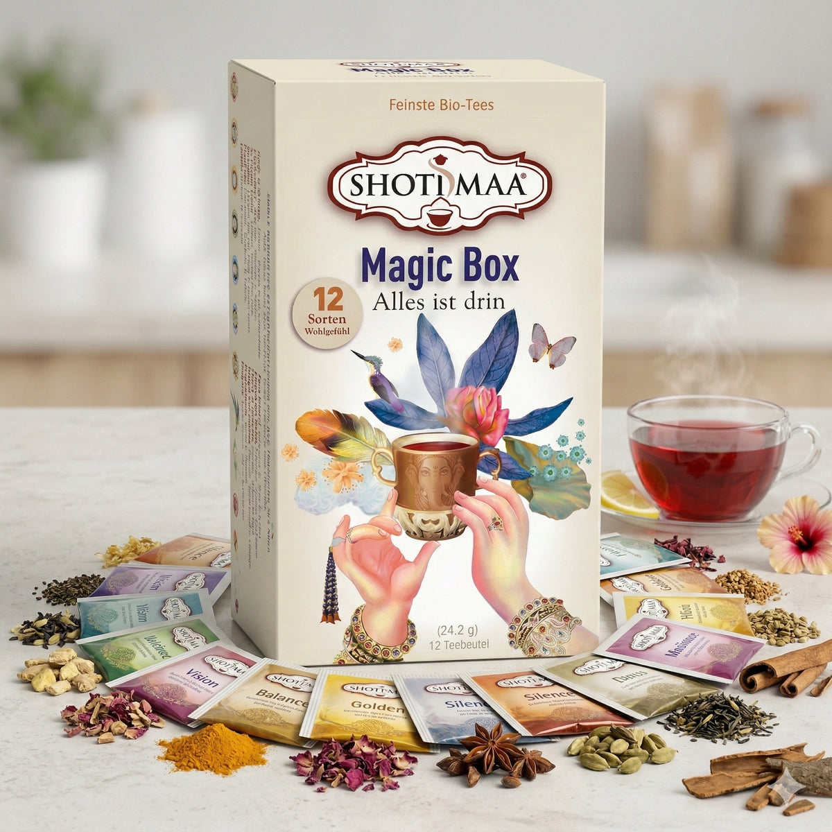 Bio Kräutertee von Shoti Maa in magischer Geschenkbox mit 24,2g Teemischung, aromatische Kräuter und Tee für Wohlbefinden