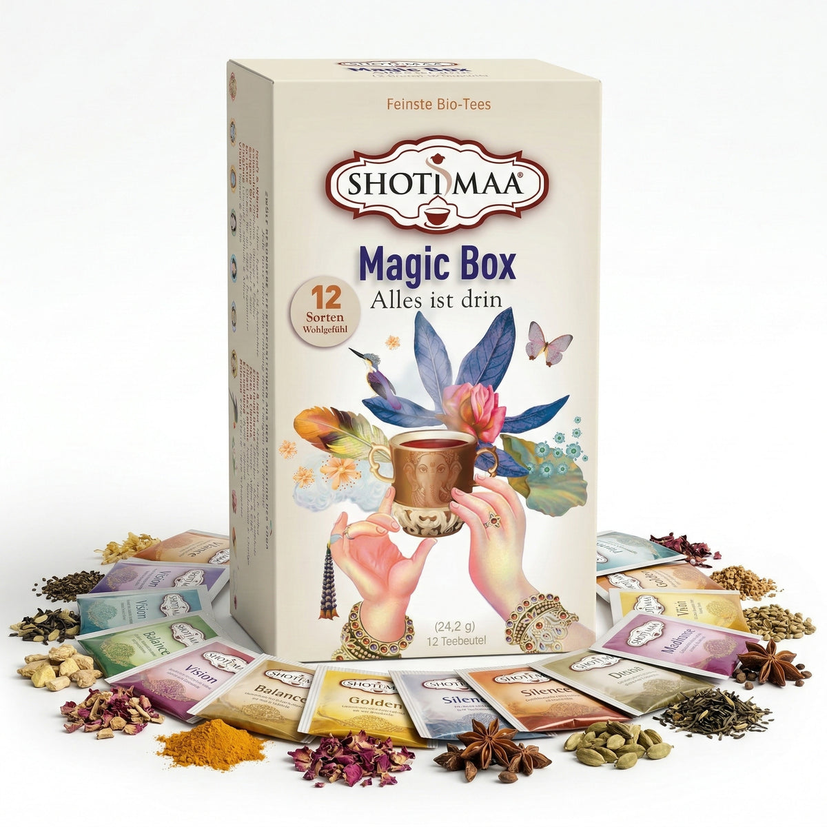 Shoti Maa Hari Tee Bio Magic Box mit Kräuter- und Teemischung, 24,2 g, in dekorativer Verpackung.