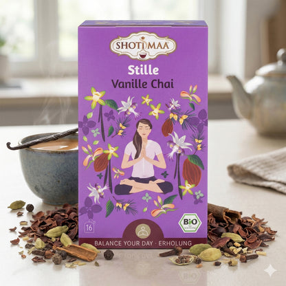 Bio Ayurveda Kräutertee von Shoti Maa mit Vanille- und Chai-Geschmack in 32g Packung, entspannender Teegenuss.