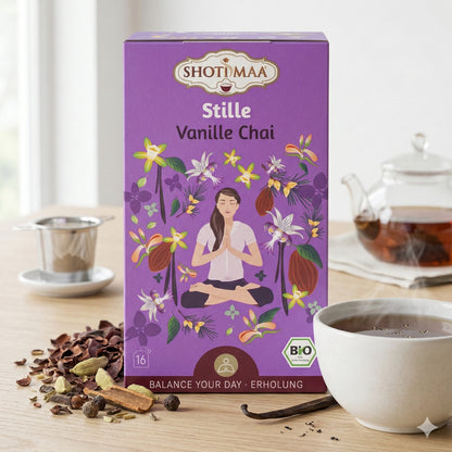 Bio Ayurveda Kräuter- und Tee von Shoti Maa mit Vanille-Note, zeigt die Verpackung und Tee-Zubereitung in natürlichem Ambiente.