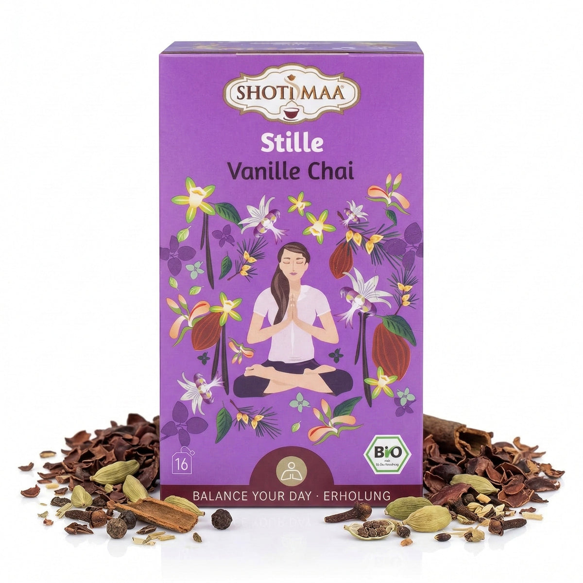 Bio Ayurveda Kräutertee von Shoti Maa mit Vanille- und Chai-Geschmack, in einer Packung mit 32g Inhalt, stilvoll präsentiert