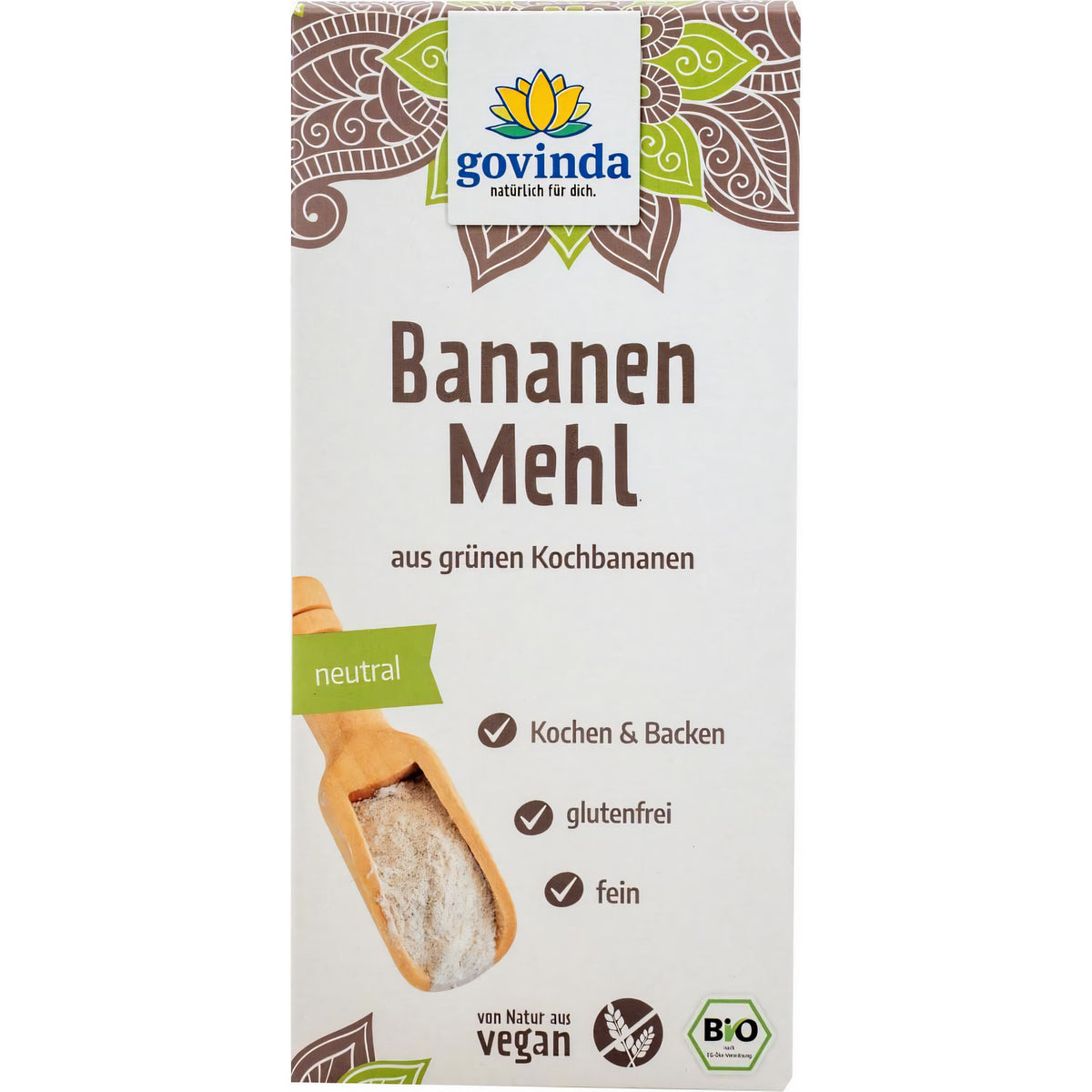 Govinda Bananenmehl aus grünen Kochbananen, glutenfrei, 350g, Produktverpackung frontal vor weißem Hintergrund