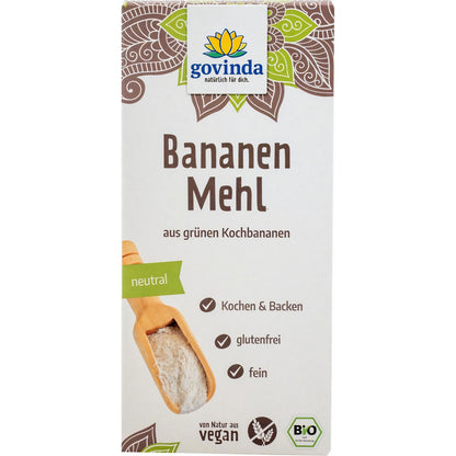Govinda Bananenmehl aus grünen Kochbananen, glutenfrei, 350g, Produktverpackung frontal vor weißem Hintergrund