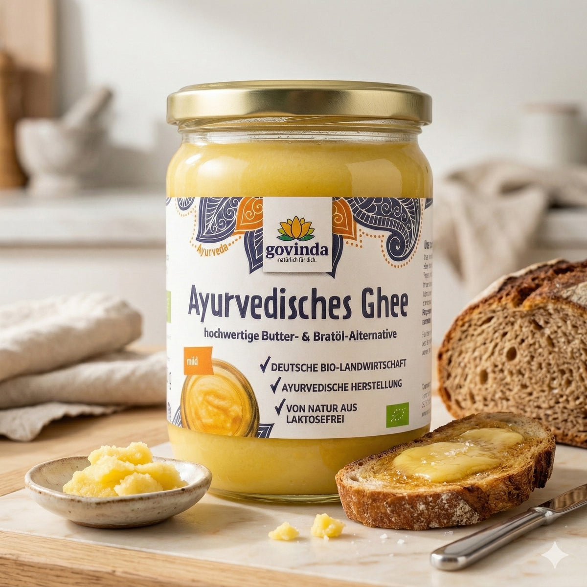 GOVINDA Bio Ghee zum Backen, 420g, cremige ayurvedische Butter für Koch- und Backrezepte, in Glasbehälter.