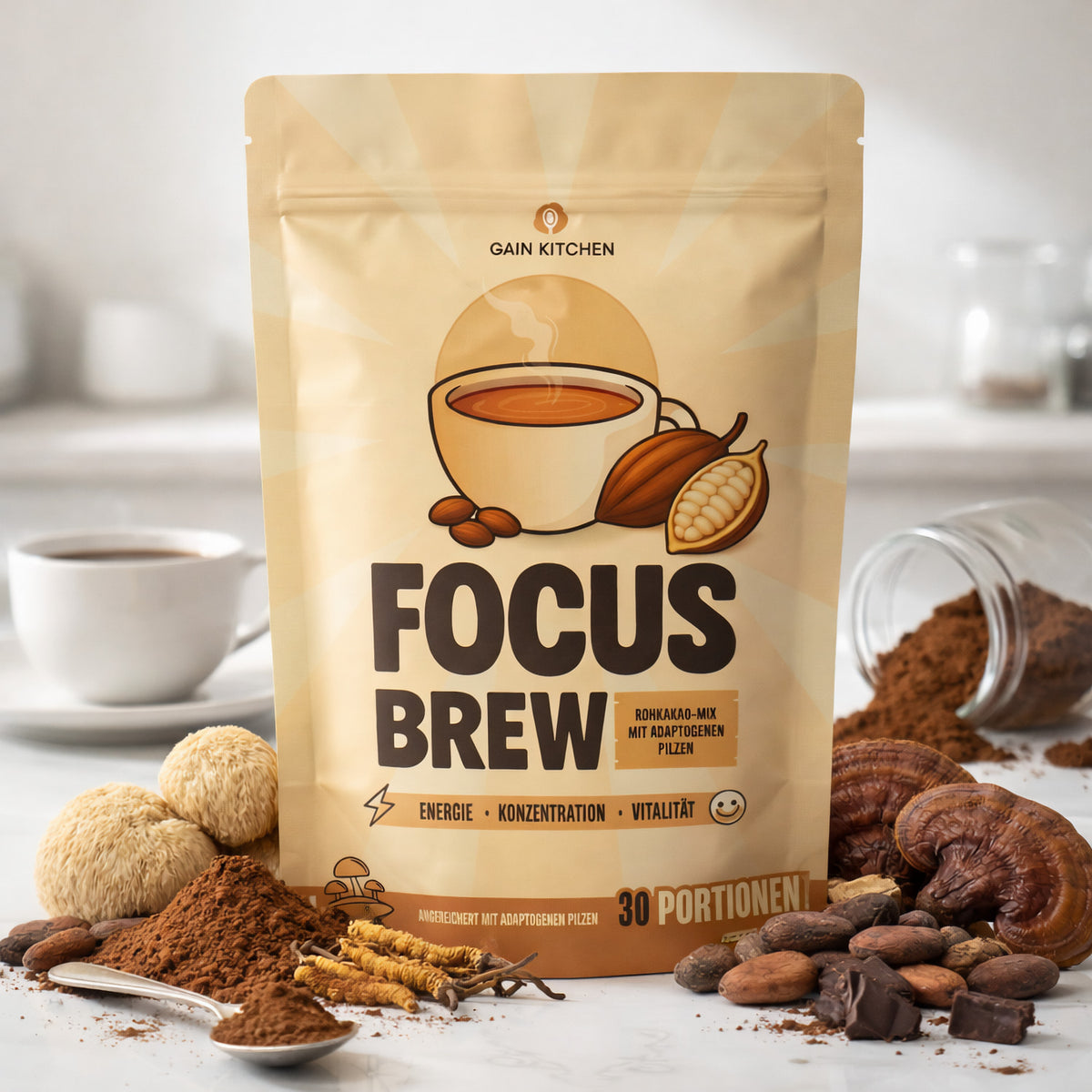 Focus Brew natürliche Kaffee-Alternative von Gain Kitchen, 210g, vor einer Tasse Kaffee, mit verstreutem Kakaopulver, Pilzen und Kakaobohnen, daneben ein umgekipptes Glas.