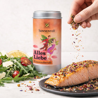 Sonnentor Alles Liebe Blüten-Zaubersalz in 90g Packung, für kreatives Kochen mit bunten Blüten und aromatischem Salz.