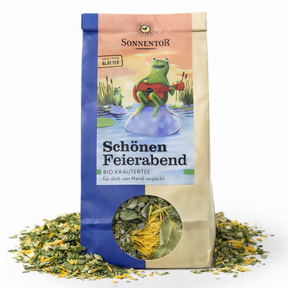 Lose Kräutertee von Sonnentor, "Schönen Feierabend", mit frischen, getrockneten Kräutern in einer transparenten Verpackung.