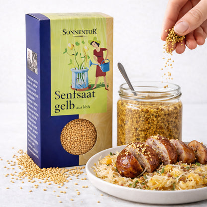 Gelbe Bio-Senfsaat von Sonnentor, für das Kochen geeignet, ab 120g in einer Verpackung.