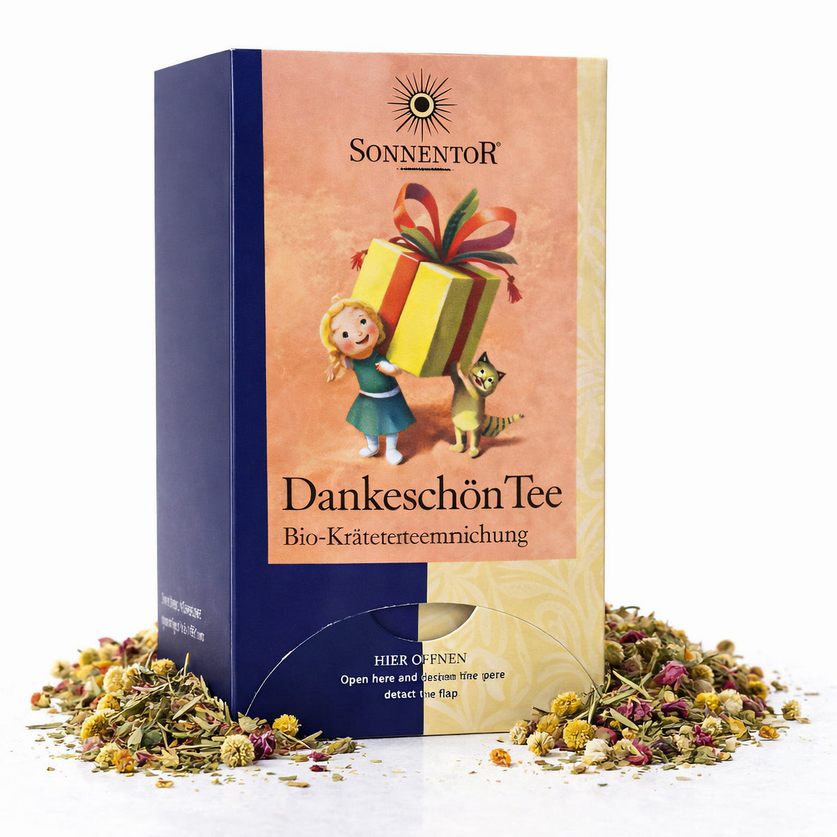 Bio Dankeschön Kräutertee von Sonnentor in Doppelkammerbeutel, frisch und aromatisch, sichtbar in der Packung