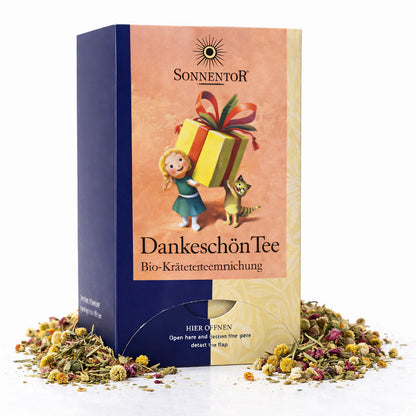 Bio Dankeschön Kräutertee von Sonnentor in Doppelkammerbeutel, frisch und aromatisch, sichtbar in der Packung