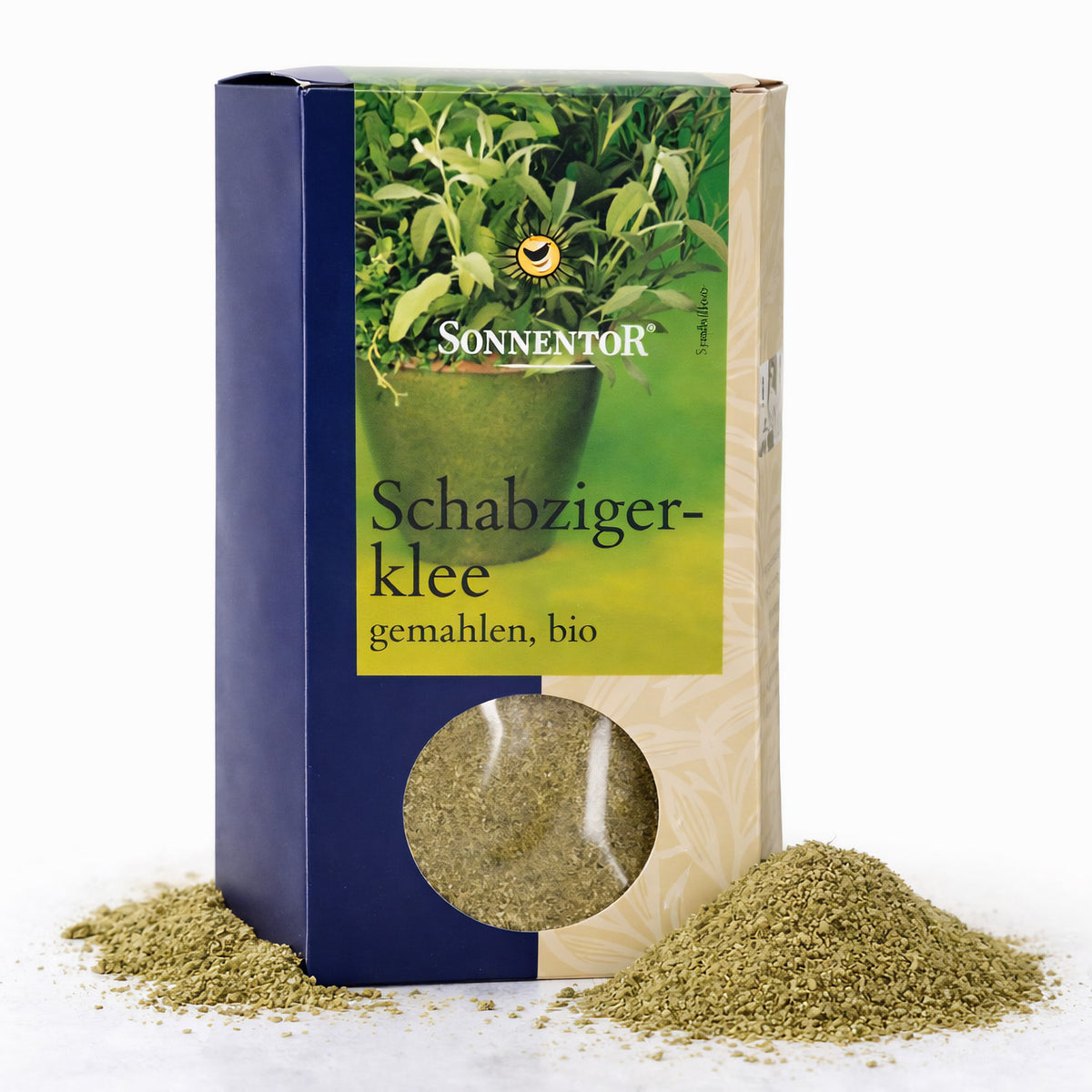 Gemahlener Sonnentor Bio Schabzigerklee für Kochen, frisches grünes Kraut in einer 40g Verpackung sichtbar.