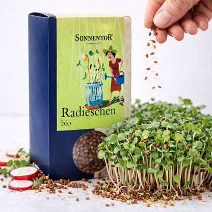 Bio Radieschen Samen von Sonnentor, ideal für Frühstückssalate, in einer 120g Packung, frisches Saatgut für Garten oder Balkon.