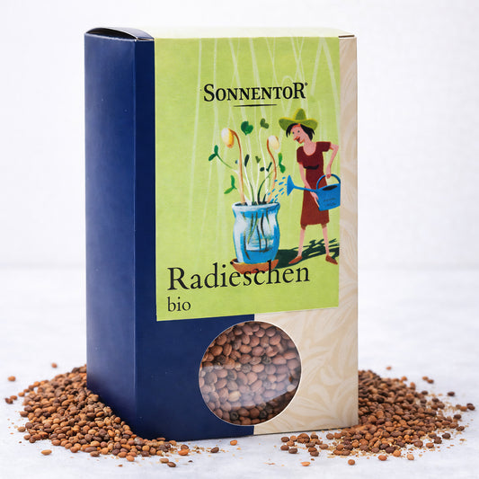 Bio Radieschen Samen von Sonnentor für Frühstück, frisch und saftig, in einer 120g Packung, ideal für den Anbau zu Hause.