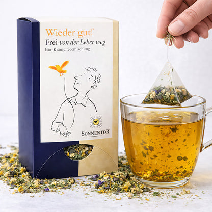 Bio-Tee von Sonnentor, "Frei von der Leber weg", Doppelkammerbeutel, 27g, frischer Kräutertee in Verpackung
