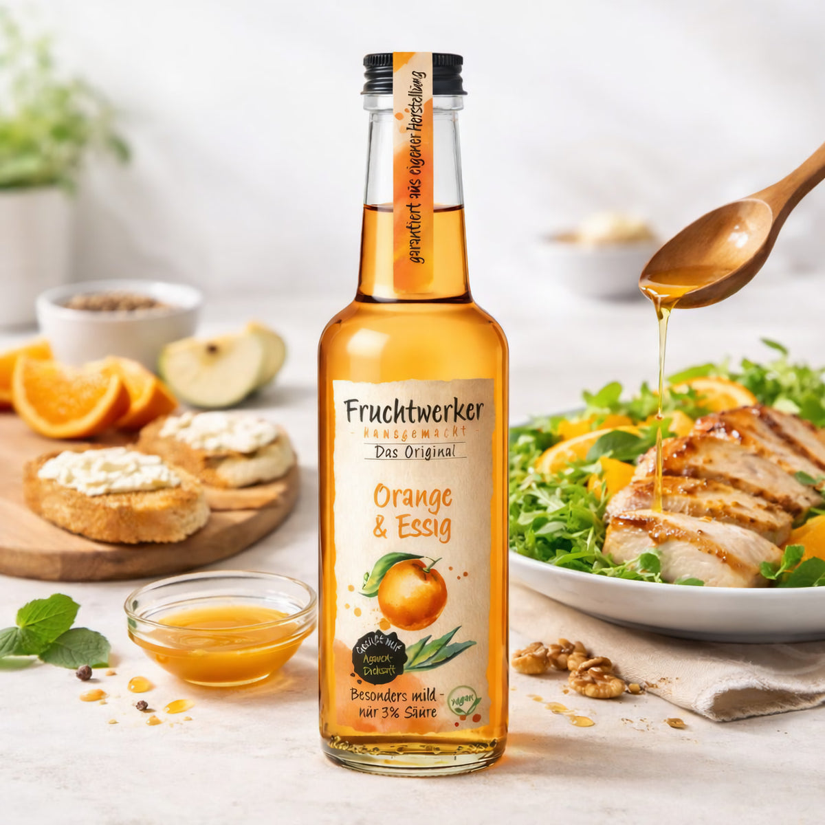 Fruchtwerker Essig- und Frucht-Set mit Apfel, Zitrone und Orange, 750ml Flaschen, natürliche Früchte und Essigflaschen.