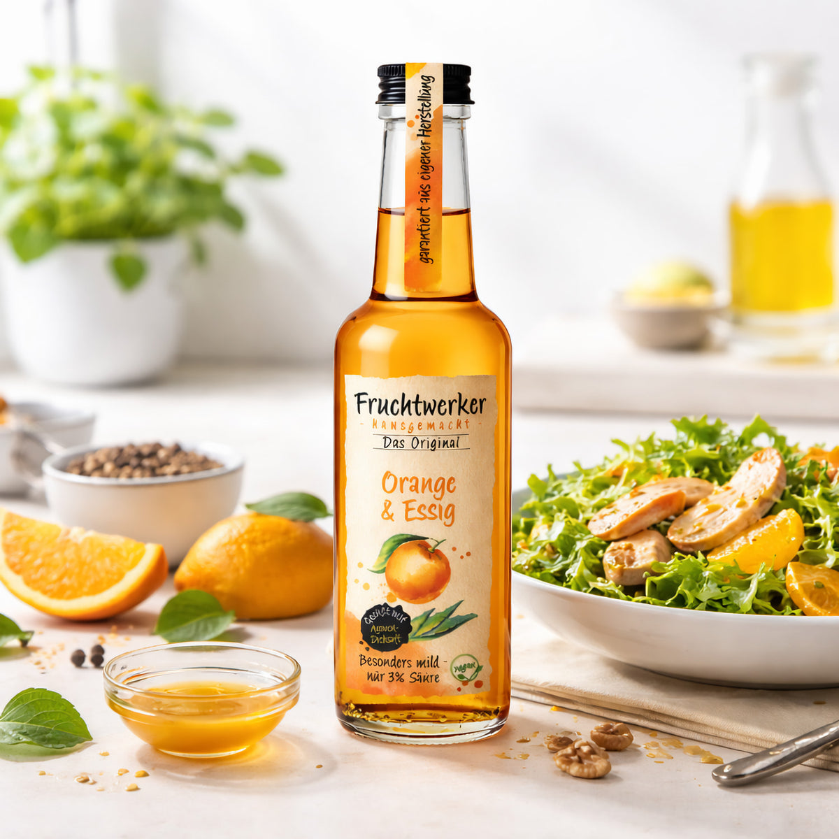 Fruchtwerker Essig- und Fruchtset mit Apfel, Zitrone und Orange, 750 ml Flaschen, natürliche Fruchtaromen, ideal zum Kochen.