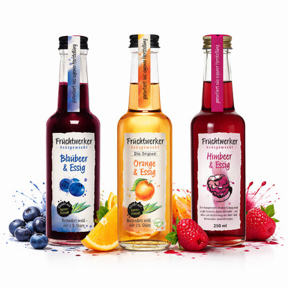 Fruchtwerker Fruchtset mit Blaubeere, Orange und Himbeere, 750ml Flaschen, Fruchtwerker Marke, natürliche Fruchtaromen