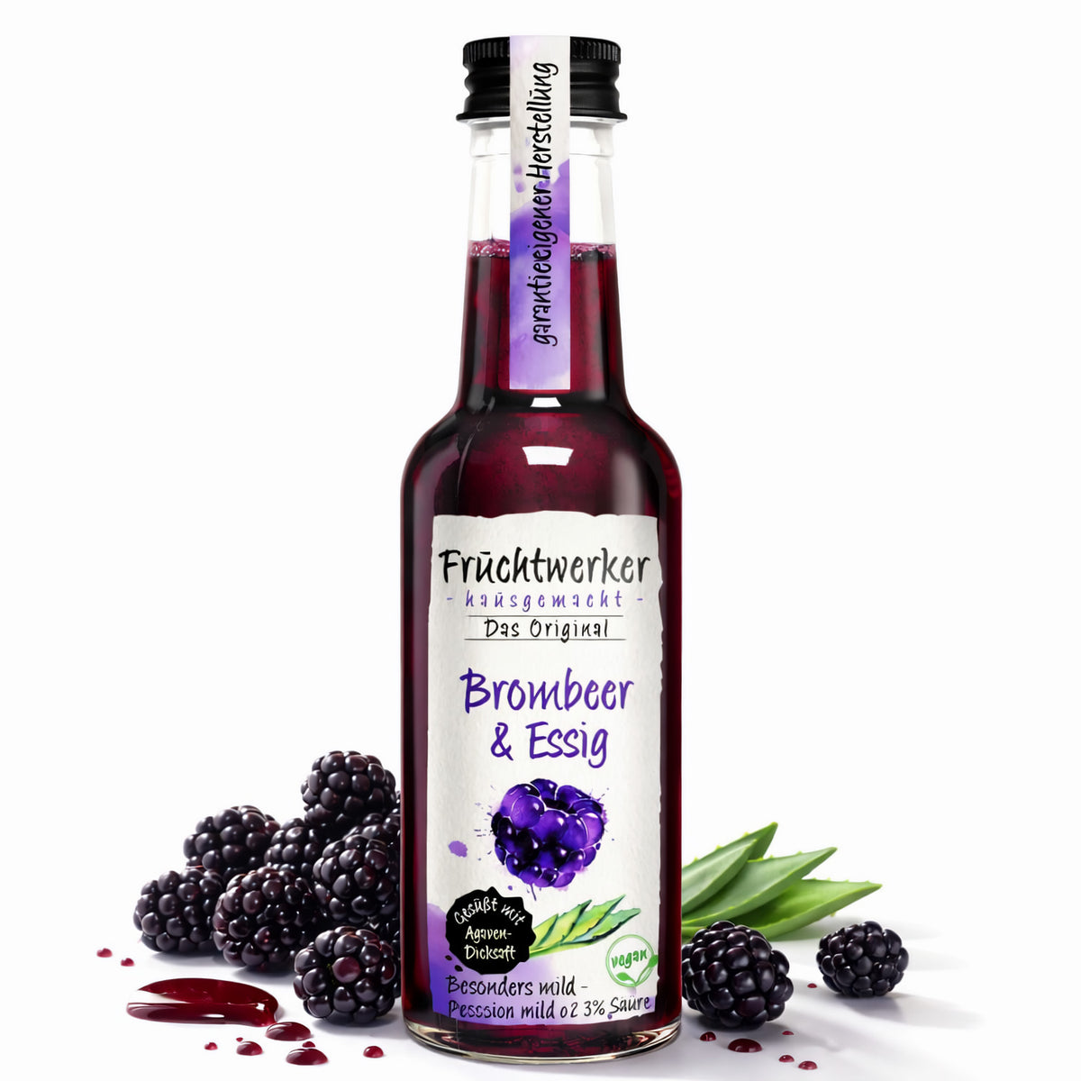 Fruchtwerker Brombeeressig mit Agavendicksaft in 250ml Flasche, natürliche Frucht- und Essigkombination, für Salate und Marinaden