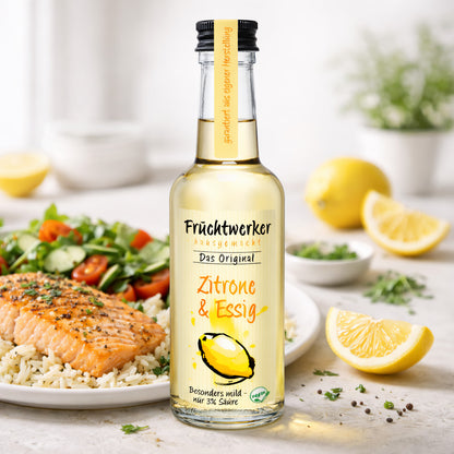 Fruchtwerker Zitronen- und Essigöl in 250 ml Flasche, natürliche Zitrus- und Essigaromen, hochwertige Öl- und Essigmischung