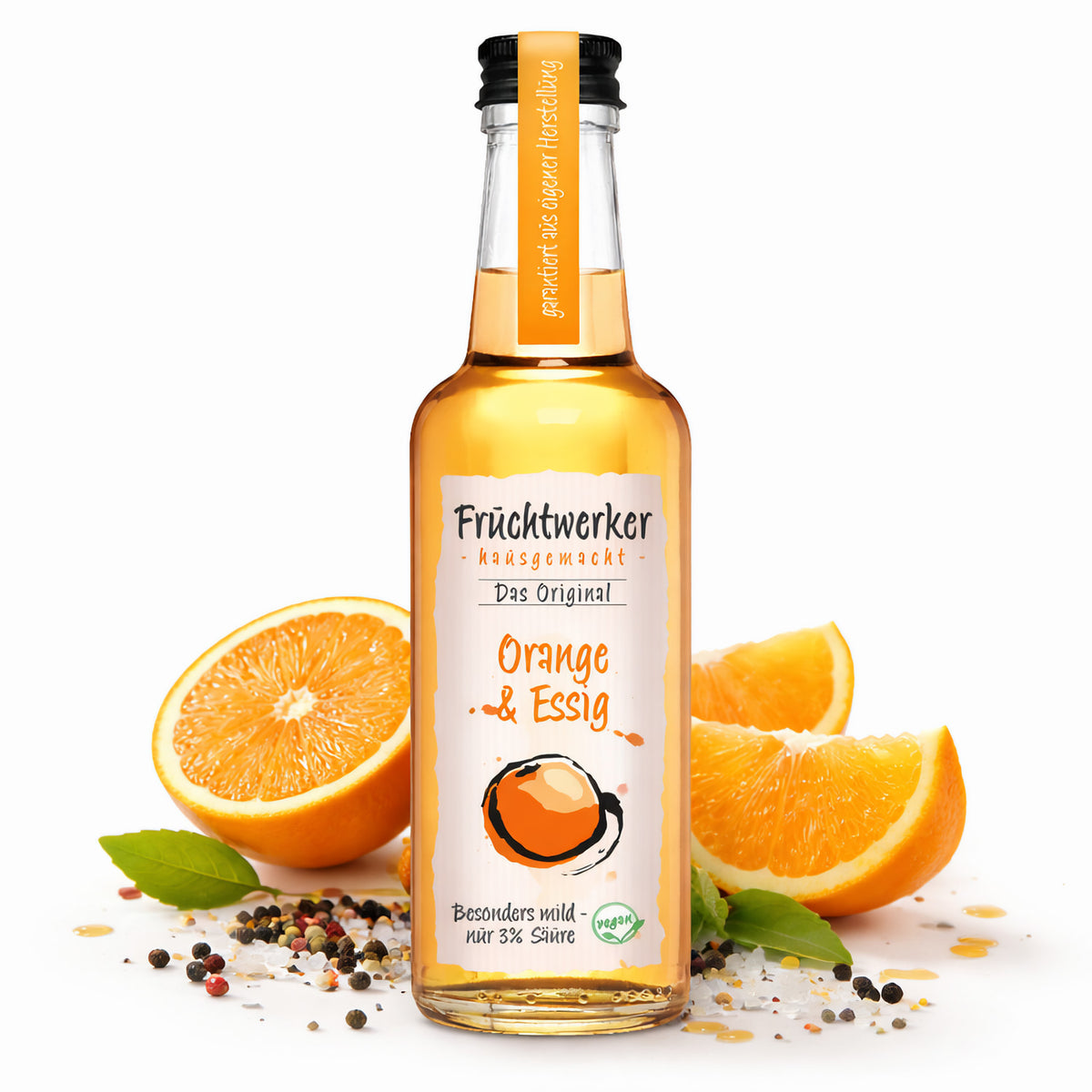 Fruchtwerker Orange & Essig in 250ml Flasche, handgefertigtes Öl und Essig mit fruchtigem Orangengeschmack.