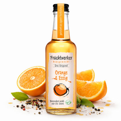 Fruchtwerker Orange & Essig in 250ml Flasche, handgefertigtes Öl und Essig mit fruchtigem Orangengeschmack.