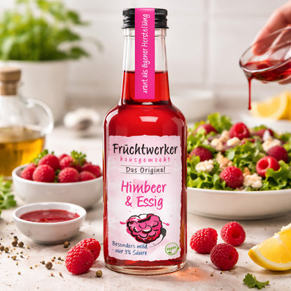 Fruchtwerker Himbeeressig in 250ml Flasche, aromatischer Essig mit fruchtigem Himbeergeschmack, ideal für Salate und Marinaden.