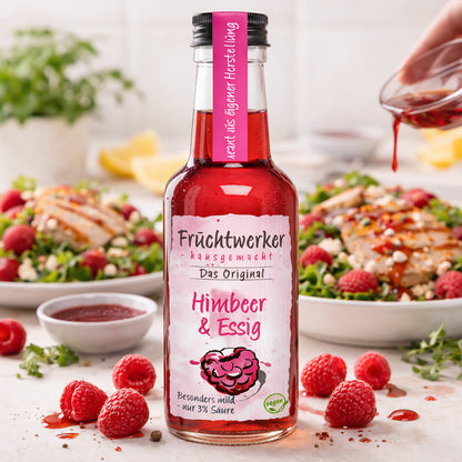Fruchtwerker Himbeeressig in 250ml Flasche, fruchtiges rotes Himbeercuvée mit Essig für Salate und Marinaden