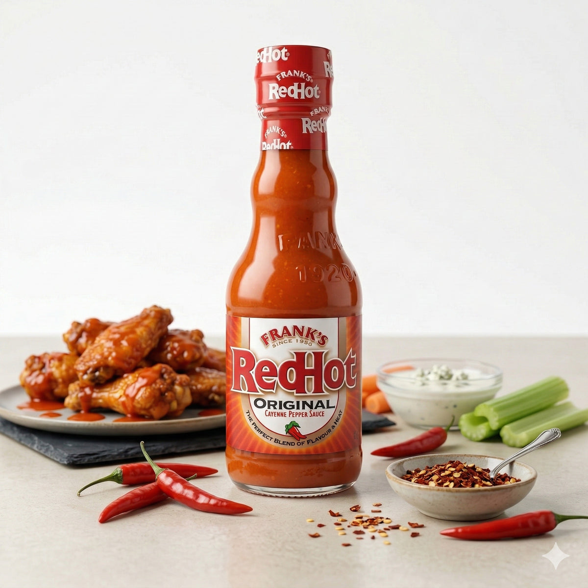 Franks Red Hot Cayennepfeffer Sauce Original vor einem Teller mit Chicken Wings, frischen Chilis, Selleriestangen und einer Schale Gewürze.