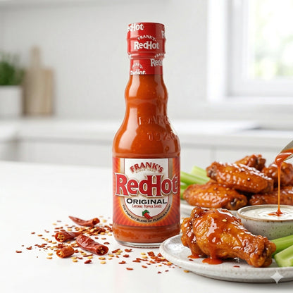 Franks Cayennepfeffer Sauce Original neben einem Teller mit marinierten Chicken Wings, Selleriestangen und einer Schale Dip, im hellen Küchenumfeld.