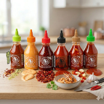 Verschiedene Flying Goose Sauce Geschmacksrichtungen in 200ml Flaschen, asiatische Würzsaucen für verschiedene Gerichte.