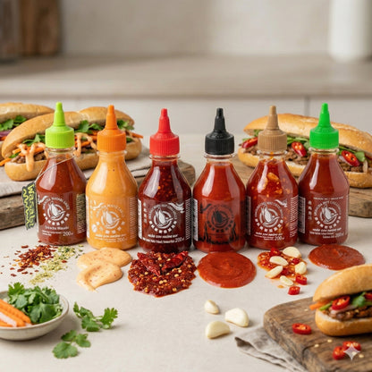 Fliegende Gans Sauce in verschiedenen Geschmacksrichtungen, 200 ml Flasche, mit bunten Etiketten und frischen Zutaten.